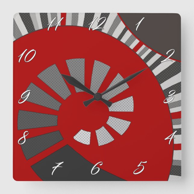 Horloge Carrée Forme spirale, abstraite, pois, gris, rouge (Recto)