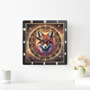 Horloge Carrée Fox Intricate Mandala Conception de couleurs cosmi