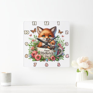 Horloge Carrée Fox Mom : Cub, Fleurs, Fête des mères