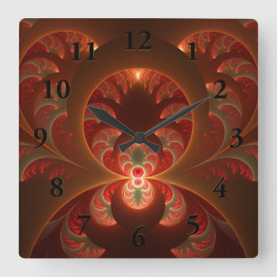 Horloge Carrée Fractale orange rouge moderne abstraite lumineuse