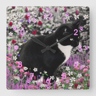 Horloge Carrée Frappes en Fleurs II - Tuxedo Kitty Cat