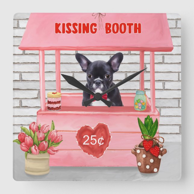 Horloge Carrée French Bulldog Valentine's Day Kissing Booth (Recto)