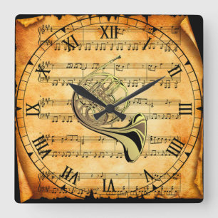 Horloge Carrée French Horn ~ Vintage Sheet Music Arrière - plan ~