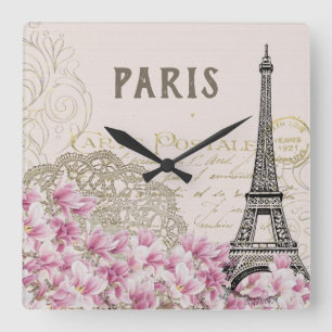 HORLOGE CARRÉE FRENCH VINTAGE STYLE FLORAL. TOUR DE PINK EIFFEL