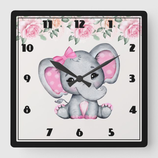 Horloge Carrée Frontière entre éléphant et Rose de bébé rose (Recto)