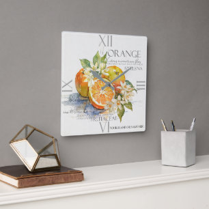 Horloge Carrée Fruits Citrus Orange Aquarelle Avec Fleurs