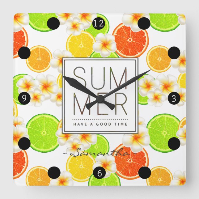 Horloge Carrée Fruits d'été frais et fleurs de plumeria exotique (Recto)