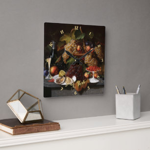 Horloge Carrée Fruits huîtres Vin Art Vintage Maison rustique Déc