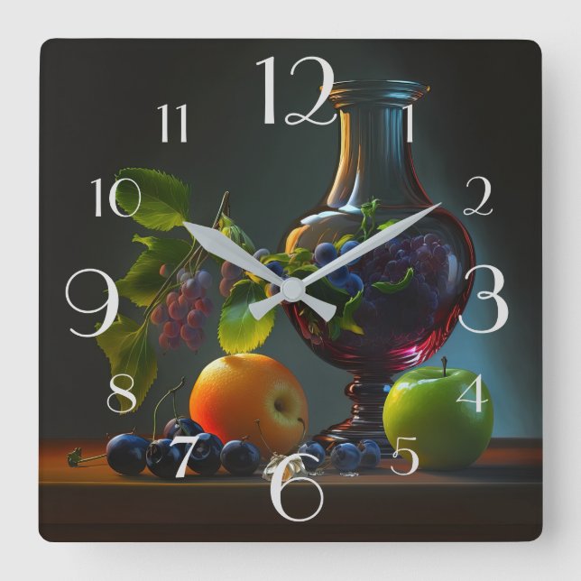 Horloge Carrée Fruits, vin et raisins Vie morte (Recto)