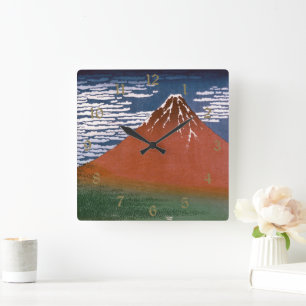 Horloge Carrée Fuji rouge, Aka Fujiyama Volcan Katsushika Hokusai