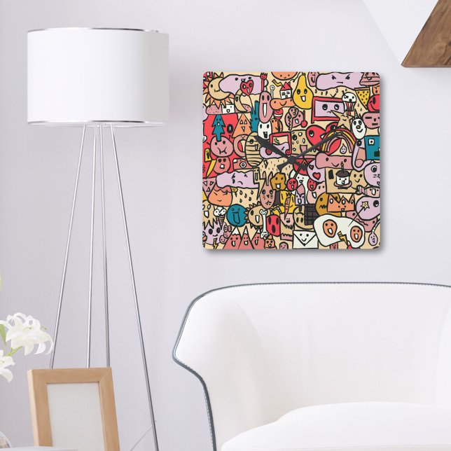 Horloge Carrée Fun Cartoon Main Drawn Toss Pattern (Créateur téléchargé)