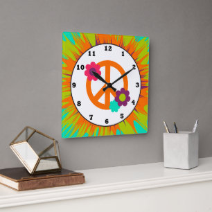 Horloge Carrée Fun Hippie peace sign wall clock