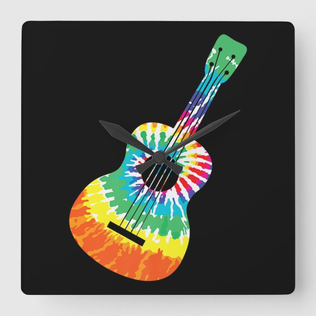 Horloge Carrée Fun Hippie Rainbow Tie Dye Acoustic Guitar Premium (Recto)