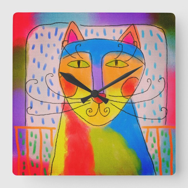 Horloge Carrée Funky Abstrait Cat Art (Recto)