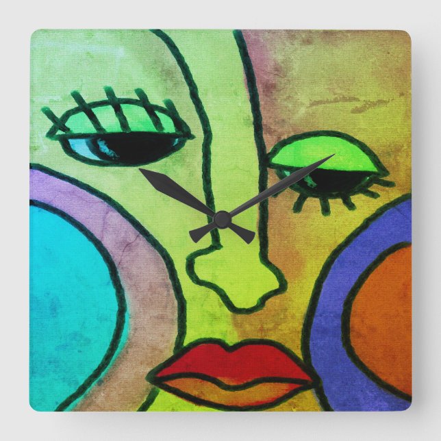 Horloge Carrée Funky Face Art Abstrait original (Recto)