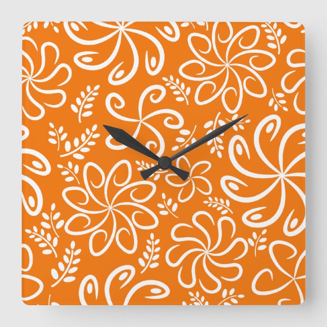 Horloge Carrée Funky orange flowers and leaves Wall Clock (Recto)