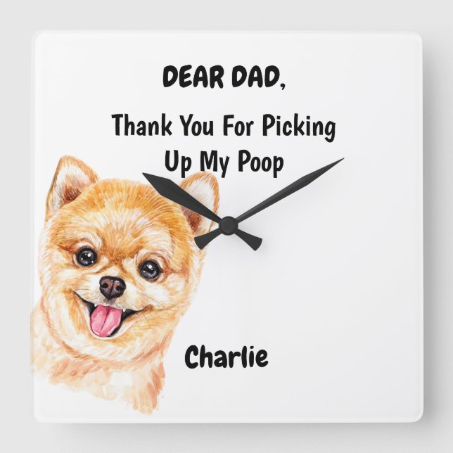 Horloge Carrée Funky Pomeranian Papa Aquarelle Canine Art (Recto)