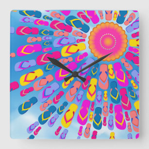 Horloge Carrée Funky Summer Sun Flip-flops Rays Wall Clock
