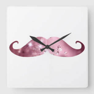 Horloge Carrée Funny Pink Bling Mustache