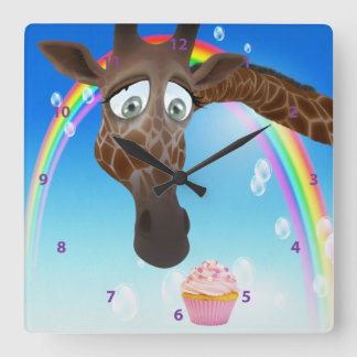 Horloge Carrée Funny Whimsical Giraffe, Cupcake et Rainbow