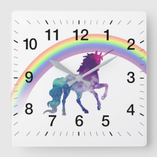 Horloge Carrée Galaxy Space Watercolor Unicorn and Pretty Rainbow