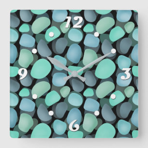 Horloge Carrée Galets de mer bleus et verts