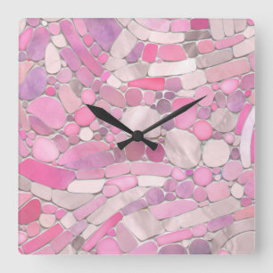Horloge Carrée Galets Mosaic Art - Rose rose pâle