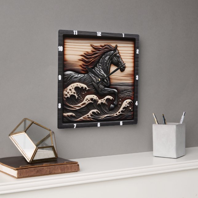 Horloge Carrée Gallop de vagues sculptées : Cheval à l'allure boi (Bureau)