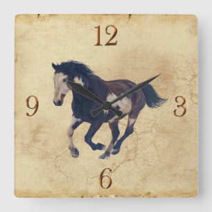 Horloge Carrée Galloping Pinto American Paint Stallion Horse