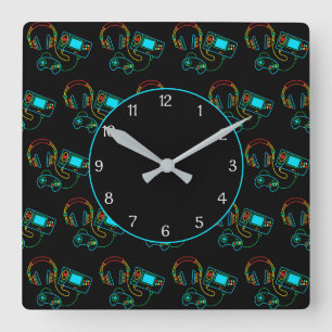Horloge Carrée Gamer Retro Neon Motif Noir