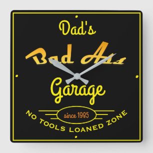 Horloge Carrée Garage papa noir et jaune mauvais Garage