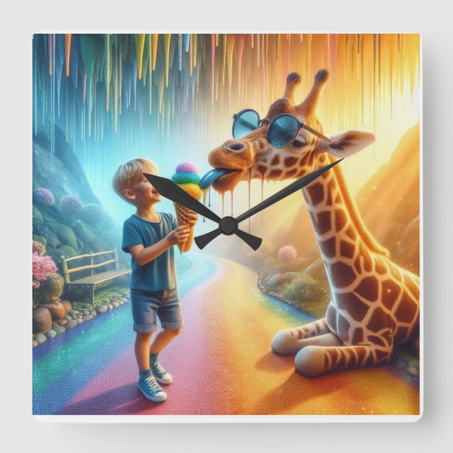 Horloge Carrée Garçon avec Giraffe (Recto)