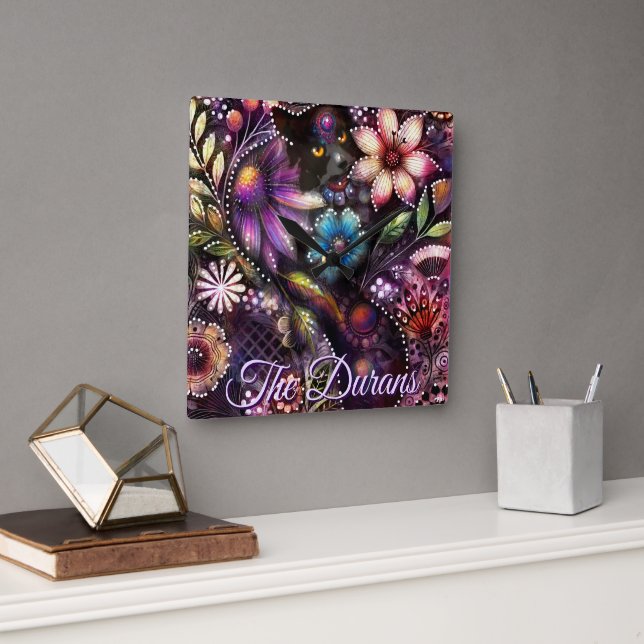 Horloge Carrée Garden Kitty Cat Floral Abstract Personalized (Bureau)