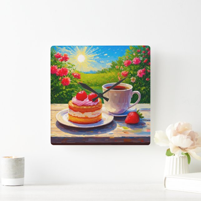 Horloge Carrée Gâteau fraise et café délicieux (Maison)