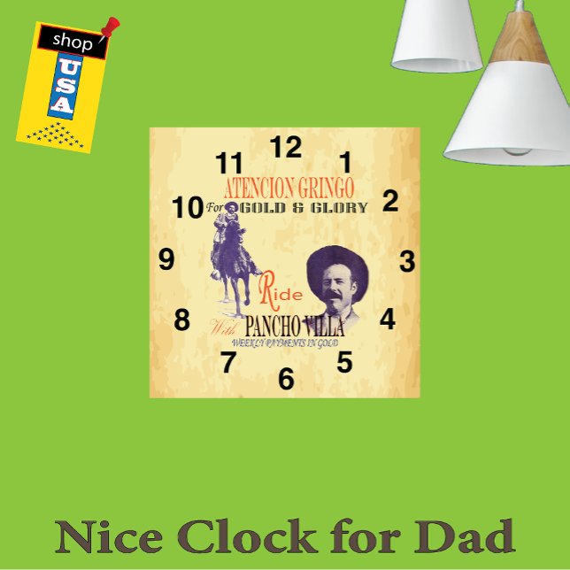 Horloge Carrée Général Pancho Villa 🎖️ Héros mexicain (Créateur téléchargé)