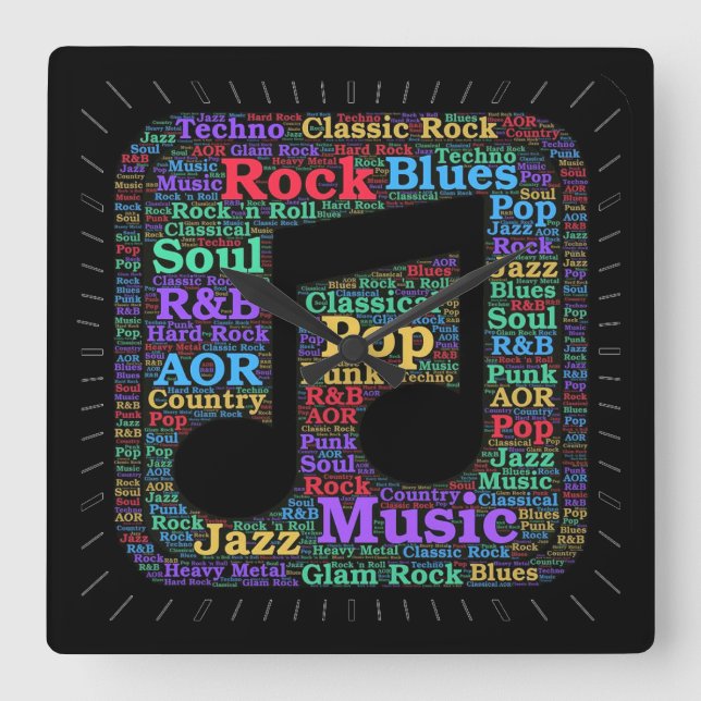 Horloge Carrée Genres de musique colorée (Recto)