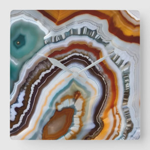 Horloge Carrée Géode d'agate orange terracotta blanc noir bleu
