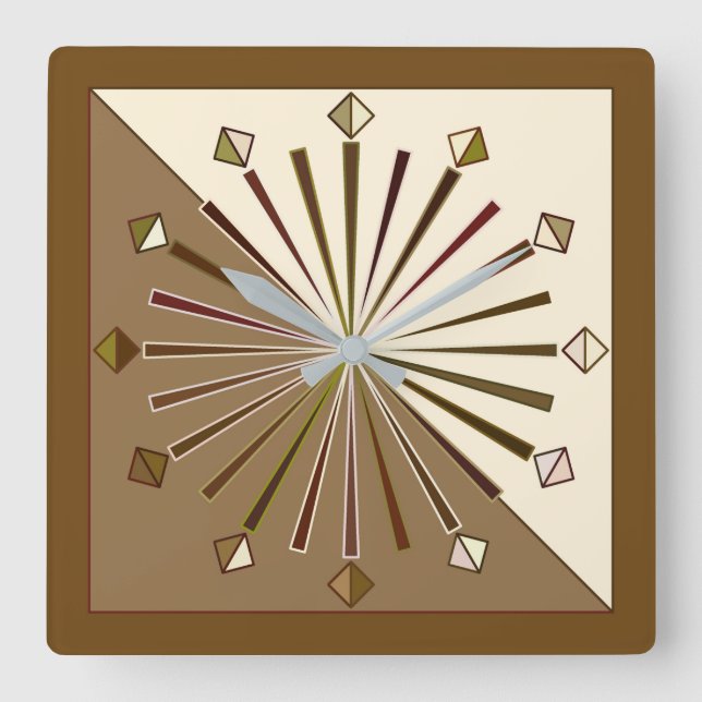 Horloge Carrée Geometric Sunburst, Brown, Taupe et Beige (Recto)