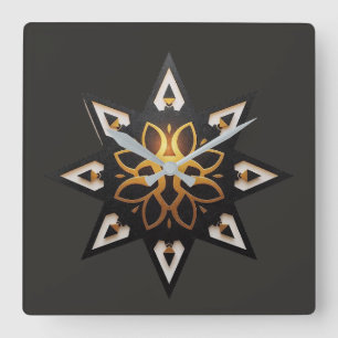 Horloge Carrée 🌟 Géométrie Sacrée Mandala - Étoile dorée intempo