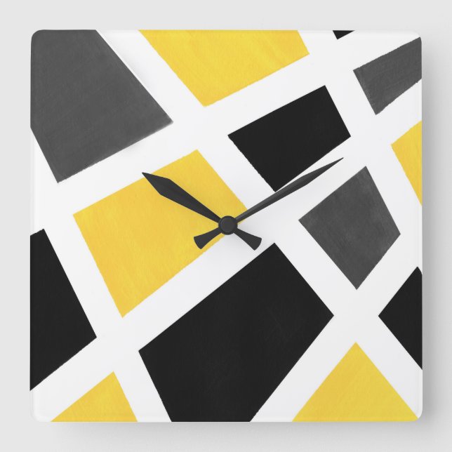 Horloge Carrée Géométrique blanc noir gris jaune (Recto)