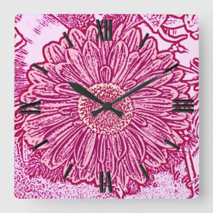 Horloge Carrée Gerbera Daisy Block Print - nuances roses