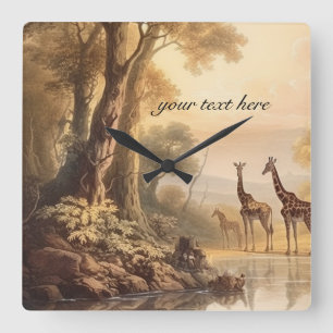 Horloge Carrée girafes botaniques vintages, personnalisables