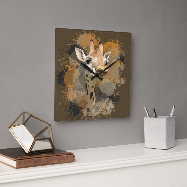 Horloge Carrée Giraffe de la faune africaine Abstraite peinture (Bureau)