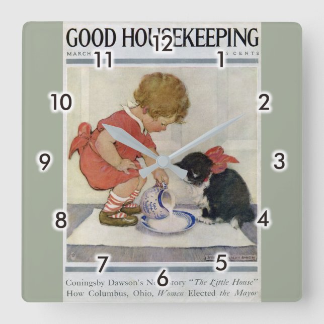 Horloge Carrée Girl and Kitten, Jessie Willcox Smith (Recto)