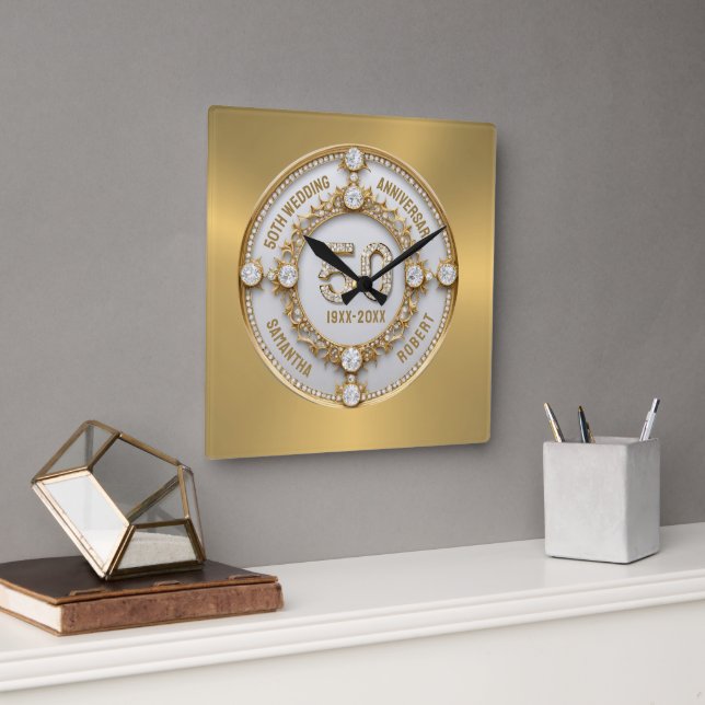 Horloge Carrée Glam White Diamonds 50e anniversaire de Mariage (Bureau)