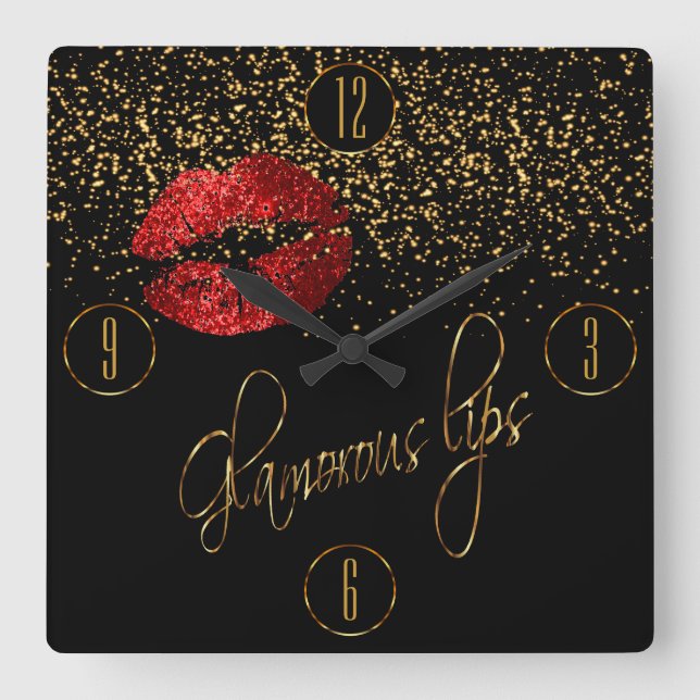 Horloge Carrée Glamorous Red Lips et Gold Confeti (Recto)