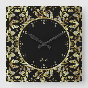 Horloge Carrée Glamours Parties scintillant Noire, Or Et Blanc