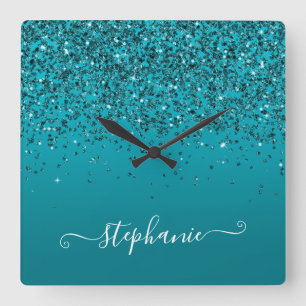 Horloge Carrée Glitterie Turquoise foncé Gradient Girly Calligrap