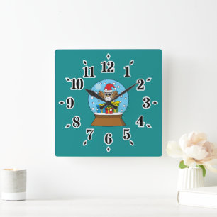 Horloge Carrée Globe des neiges avec Chouette du Père Noël