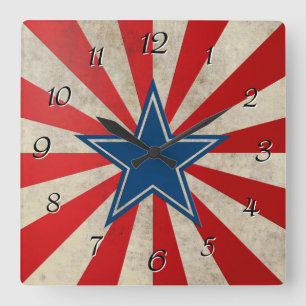 Horloge Carrée Gloire vieillissante - Rouge, Blanc et Bleu Étoile